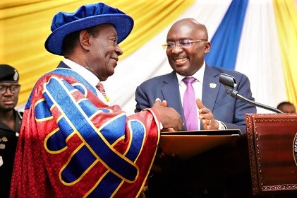 Vice-President Bawumia congratulating Dr Kwame Addo Kufuor at the investiture Vice-President Bawumia congratulating Dr Kwame Addo Kufuor at the investiture